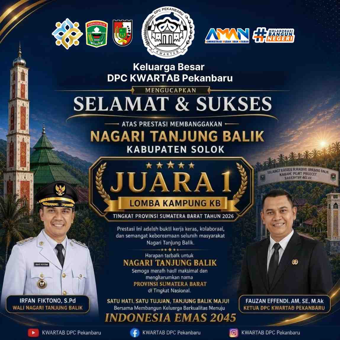 DPC KWARTAB Pekanbaru Apresiasi Nagari Tanjung Balik Wakili Sumbar pada Ajang Kampung KB Nasional