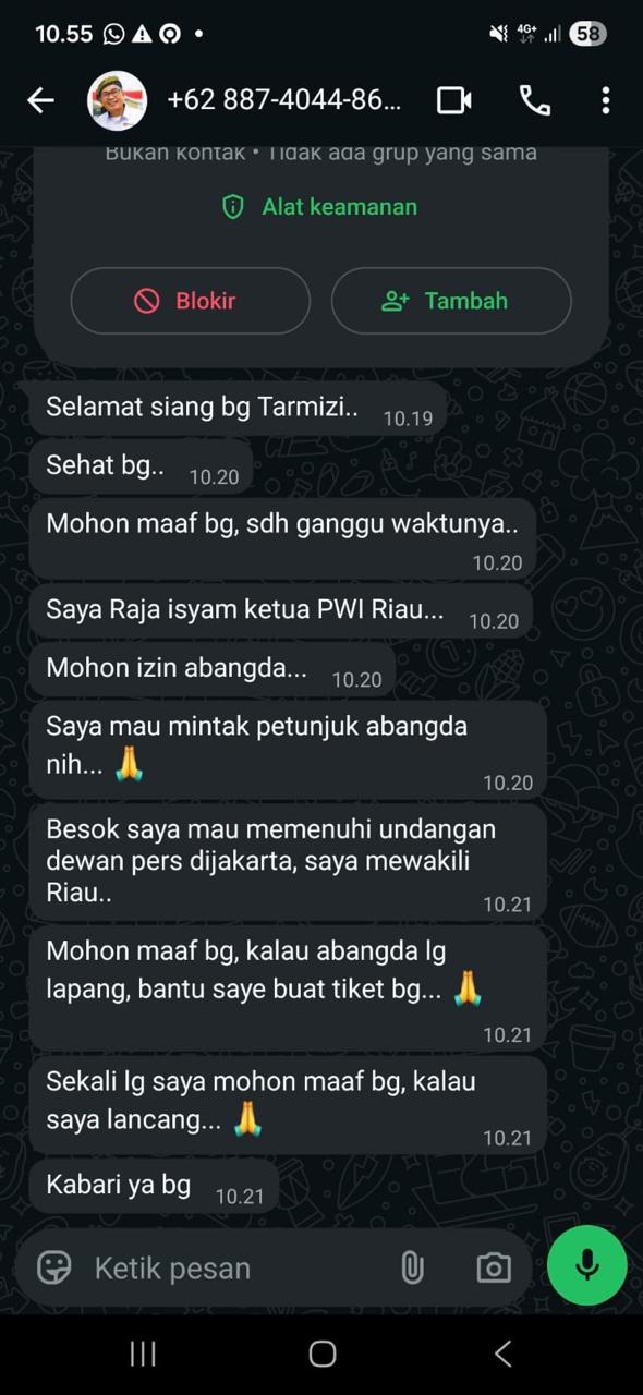 Modus Minta Uang Tiket, Akun WhatsApp Palsu Catut Nama Ketua PWI Riau